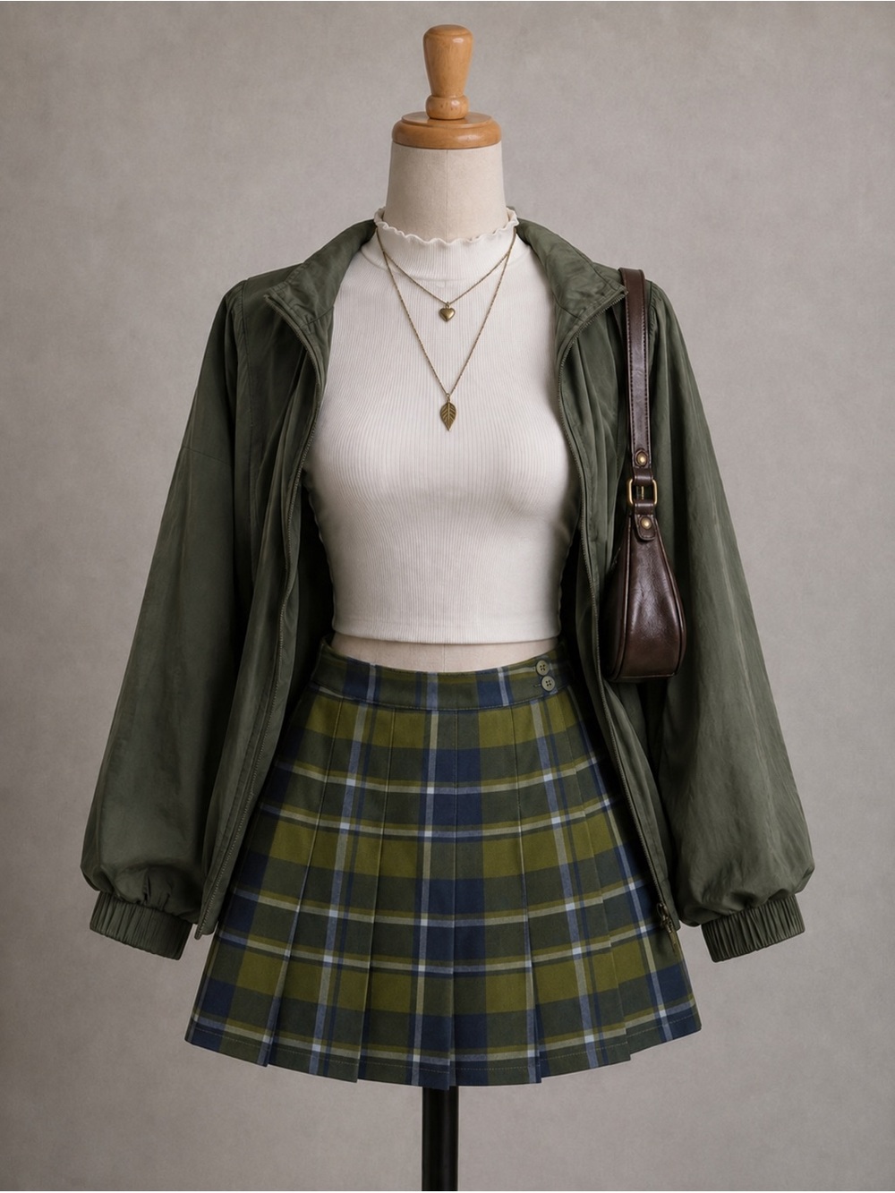 WeWoreWhat Olive & Navy Plaid Pleated Mini Skirt Built in Shorts